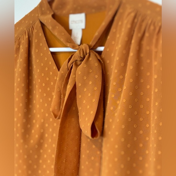 Chicos Mustard Yellow/ Swiss Dot/ Blouse w/ sheer sleeves and neck tie. Size 1 - Picture 4 of 7